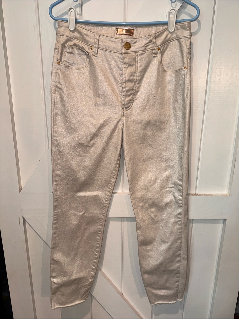 KUT From The Kloth Charlize High Rise Cigarette Jeans Women’s 10 Metallic Champa - Picture 2 of 9